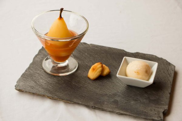 Saffron, Honey & Ginger Poached Pear with Mini Madeleines